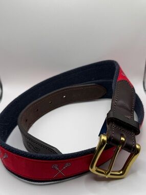 Men's vineyard, vines Red Canvas & Leather Belt with Brass Buckle lacrosse theme